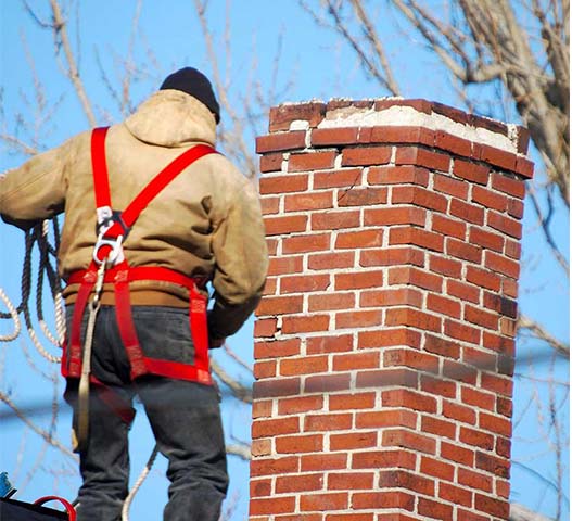 Chimney sweep on roof with safety harness trees in the background