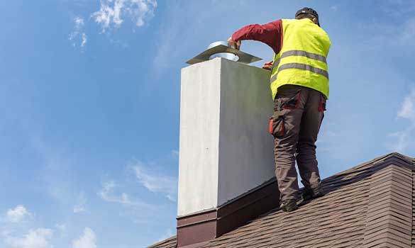 Stock photo of man replacing chase cover - Advance Chimney Pittsburgh PA Man on roof replacing chase cover on custom stucco chimney