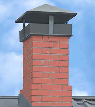 Nice brick chimney with a black chimney cap with blue sky in the background