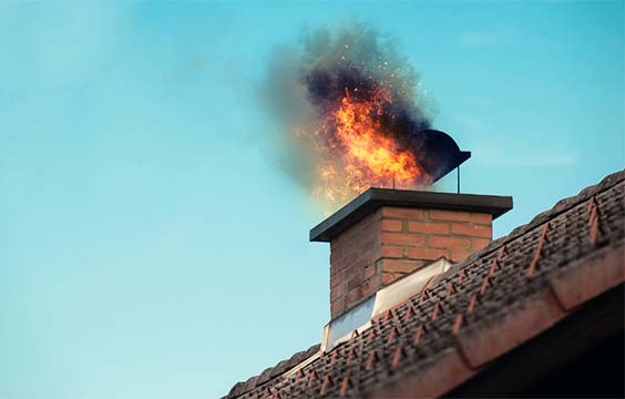 Chimney on fire with blue sky in background