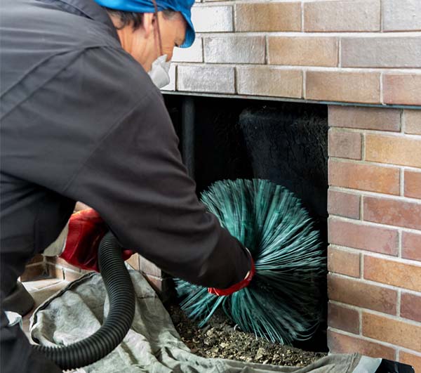 Chimney sweep sweeping fireplace