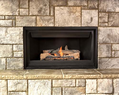 Gas Fireplace - Pittsburgh PA - Advance Chimney Gas fireplace with fire and nice stone work surround