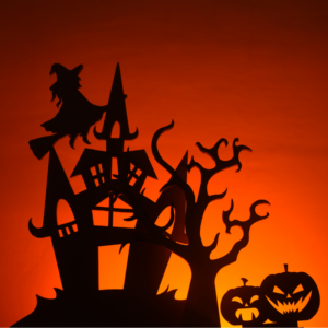 a cartoon drawing of a black and spooky house with trees near it and a witch flying over it with an orange and black background